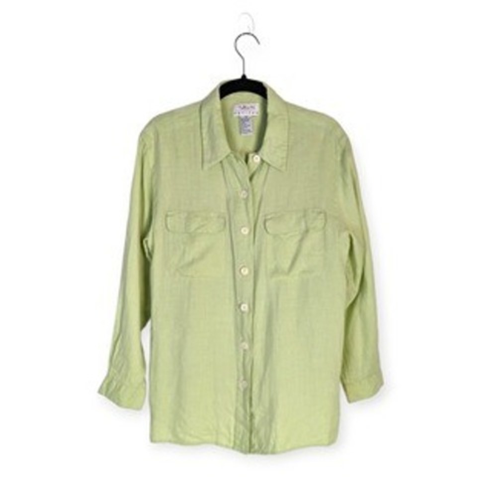 Vintage Talbots Light Green‎ 100% Linen Long Sleeve Button Down Shirt Size 10P
